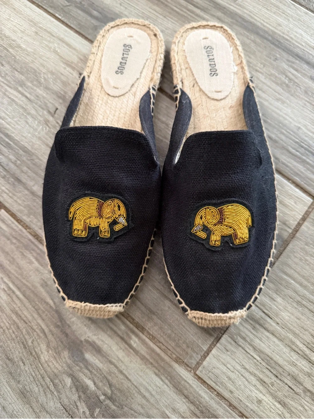 Soludos Black Slip-On Espadrilles with Gold Elephant Embroidery